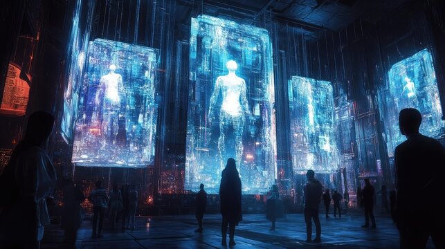 Futuristic concert stage, with holographic performers and a digital audience