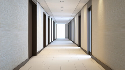 Fototapeta premium A long, minimalist hallway with white walls and a tiled floor. 