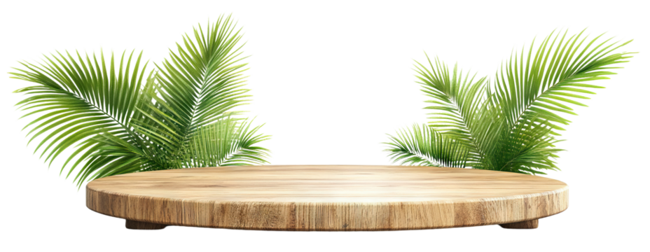 Wooden round platform with green palm leaves, cut out