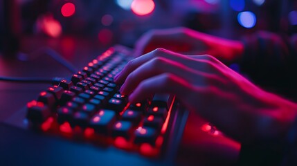 A side-view photograph of hands typing on an RGB-lit gaming keyboard, fingers gently touching the keys, warm red and cool blue light mixing on the hands,