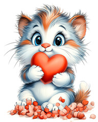 A cute cat holding a heart in its mouth. The cat is sitting on a pile of red objects, which could be confetti or other small items. Concept of joy and playfulness