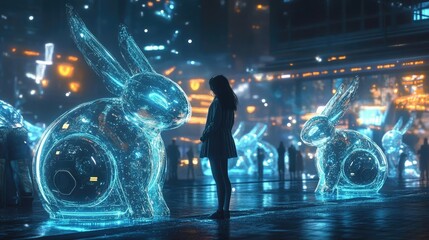 Futuristic petting zoo, with glowing, robotic animals