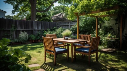 Obraz premium Stunningly designed backyard featuring stylish outdoor furniture and lush landscaping