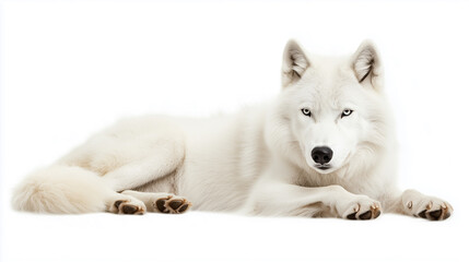 Obraz premium A stunning arctic wolf lies regally against a white background