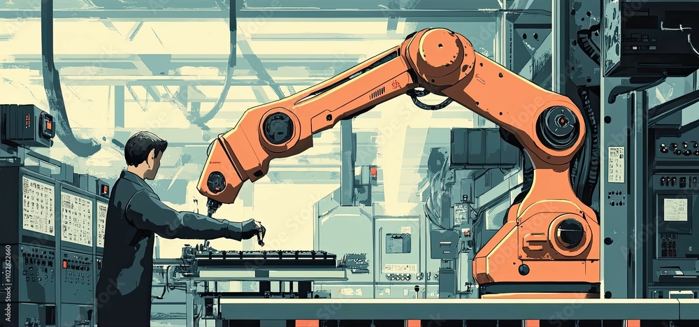 Poster a man and a robotic arm working in a factory setting