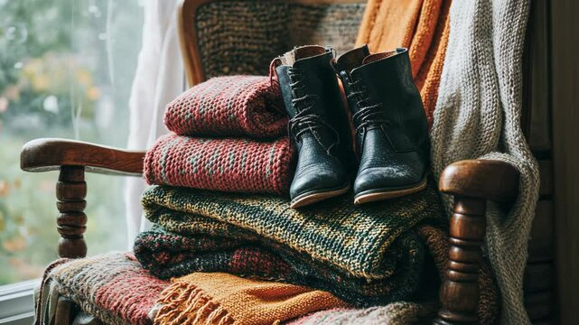 A pair of black boots rest on a stack of cozy blankets on a wooden chair near a window