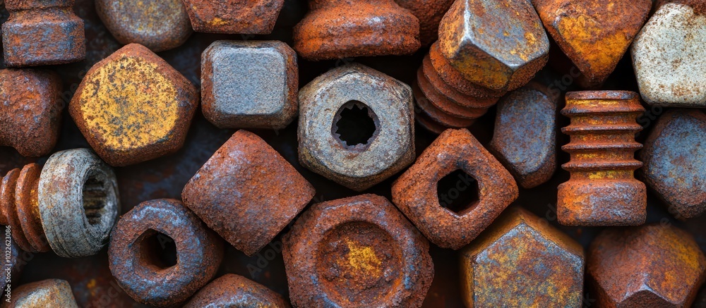 Poster close-up of various rusty bolts and nuts.