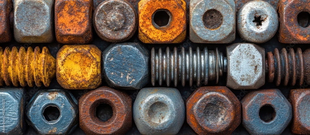 Poster a close-up shot of a collection of assorted nuts and bolts, some rusty, some shiny.