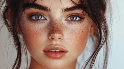 Fototapeta premium Close-up portrait of a young woman with freckles and blue eyes looking directly at the camera.