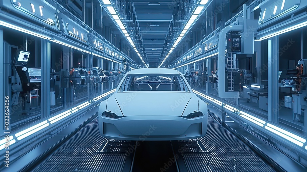 Poster unpainted car on automated assembly line in factory