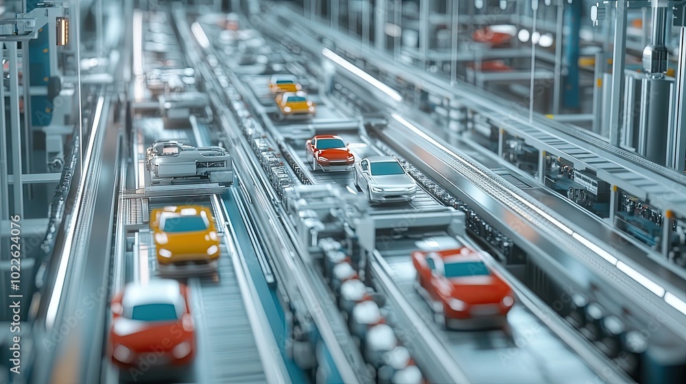 Poster cars moving along automated assembly line in factory