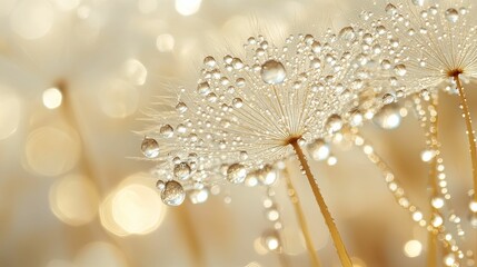 Dew-Covered Dandelion Seeds with Golden Bokeh Background