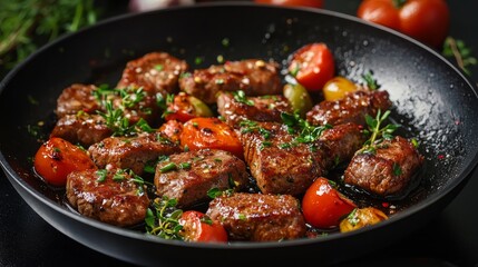 A close-up shot of a skillet filled with cooked steak bites and cherry tomatoes, seasoned with thyme and garlic.