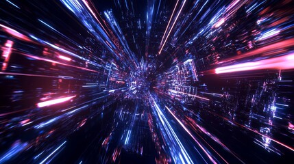 Fototapeta premium Futuristic Cityscape: Hyper Detailed 3D Rendering with Vibrant Light Trails and Digital Motifs