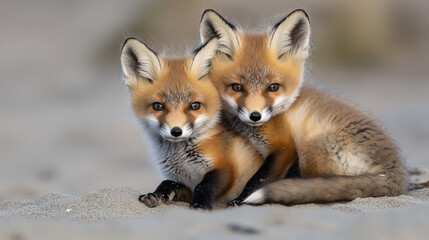 Obraz premium Wild Baby Red Foxes Cuddling: Wild baby red foxes cuddling on the beach in Nova Scotia, Canada, from June 2020.