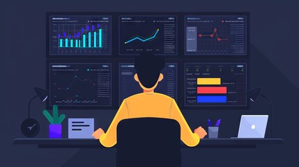 Entrepreneur analyzing financial report on digital dashboard, focusing on fintech insights and revenue performance for company growth and audit
