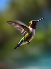 Fototapeta premium A hummingbird is flying over some flowers and the bird is flying away