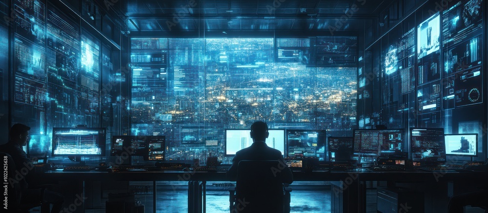 Canvas Prints a man sits in front of a bank of computer monitors overlooking a futuristic city.