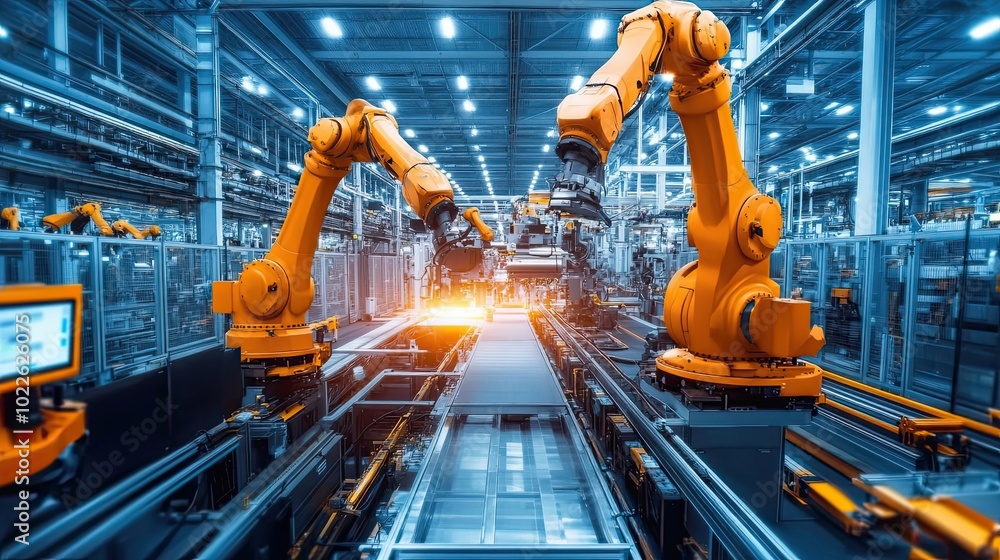 Poster industrial robots working on a production line in a factory