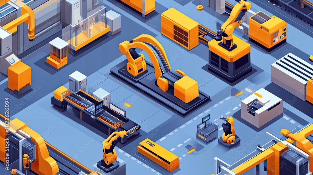 Poster an isometric illustration of a futuristic factory with robotic arms and automated production lines