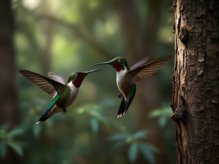 Fototapeta premium A hummingbird is flying over some flowers and the bird is flying away