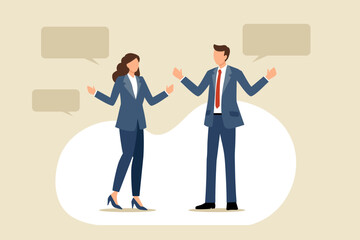 向かい合わせで会話をするスーツ姿の男女のフラットなベクターイラスト画像