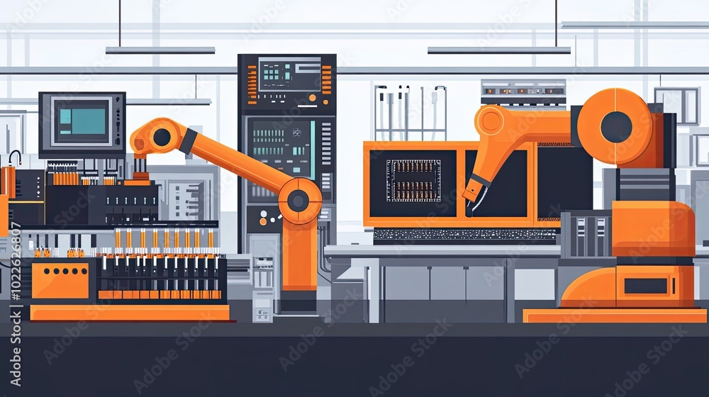 Poster automated robotic assembly line with orange robotic arms in a modern factory