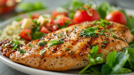 Clean minimalistic plate with grilled chicken breast, tofu, and lentils, highlighted by soft lighting on a neutral backdrop