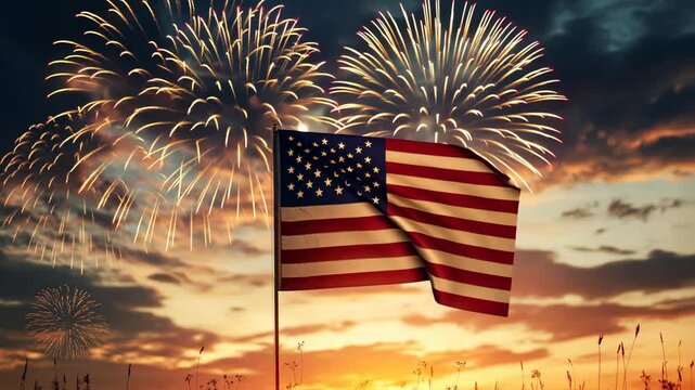 An American flag waves proudly against a backdrop of fireworks and a sunset sky