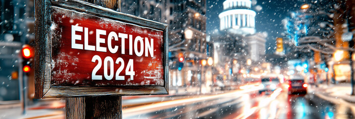 Election 2024 sign is standing on a snowy street with blurry white house in the background