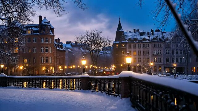 A snowy evening in a European city, with streetlights illuminating the buildings and the snow-covered bridge