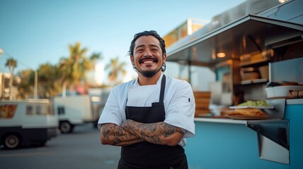 Cheerful chef posing for photos in front of a food truck. In a contemporary setting, a commercial truck is serving street cuisine.