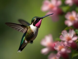 Fototapeta premium A hummingbird is flying over some flowers and the bird is flying away
