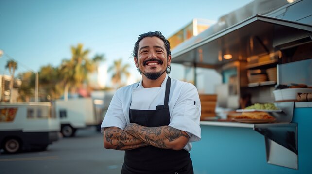 Cheerful chef posing for photos in front of a food truck. In a contemporary setting, a commercial truck is serving street cuisine. - Powered by Adobe