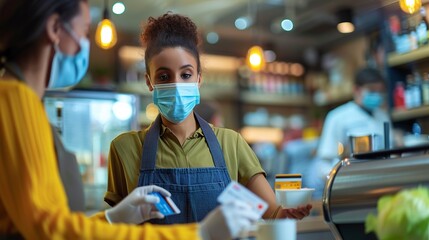 Female customer wearing face mask making contactless credit card payment to male waiter at café during pandemic, observing social distancing and safety measures in coffee shop