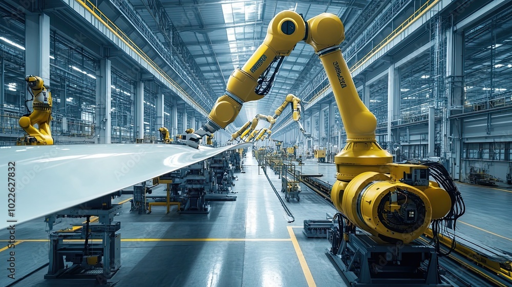 Poster industrial robots working on a large metal structure in a factory