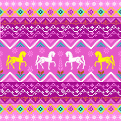 geometric shapes arranged traditional Thai cloth pattern clothing Thai ethnic sarong Cross-stitch pattern in Pixel Seamless Vector format using geometric shapes arranged into horses shapes