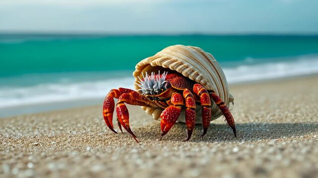 A red hermit crab walks on the sandy beach with the ocean in the background