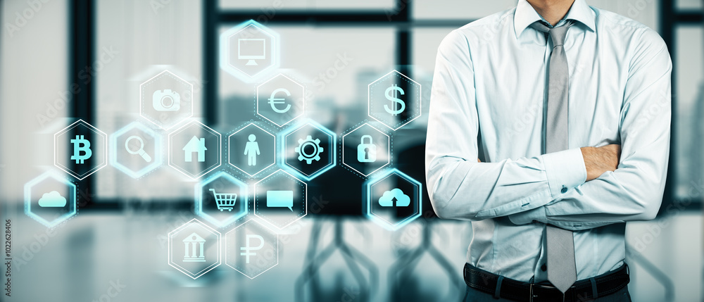 Poster close up of businessman with folded arms and digital business interface hologram on blurry office in
