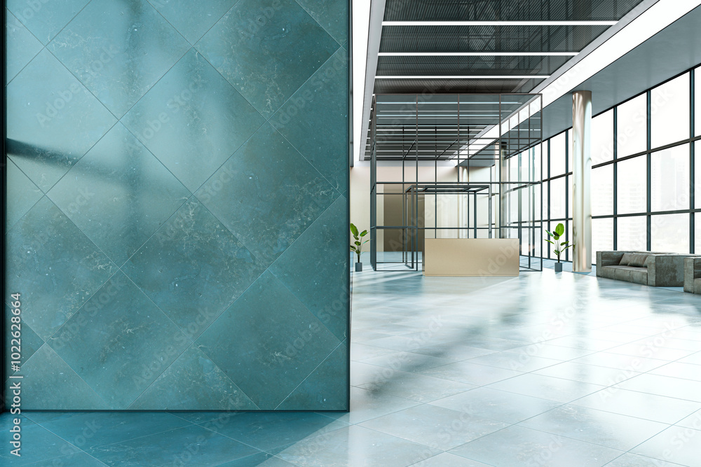 Aufkleber modern office corridor with mock up place on wall, panoramic windows, city view, reception desk and 