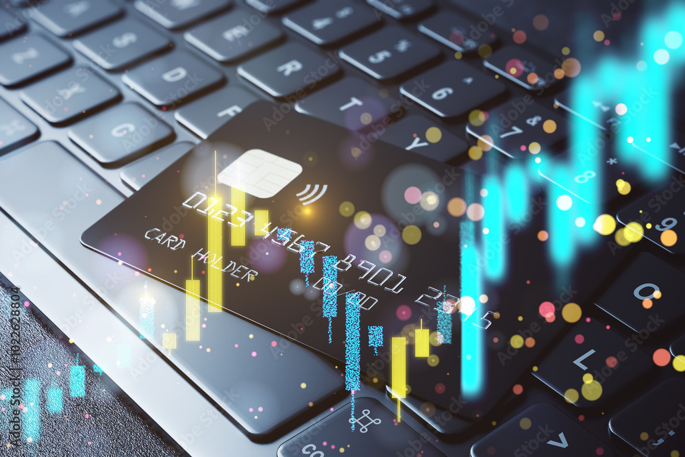 Poster close up of bank card with forex chart on laptop keyboard background. online banking concept. double
