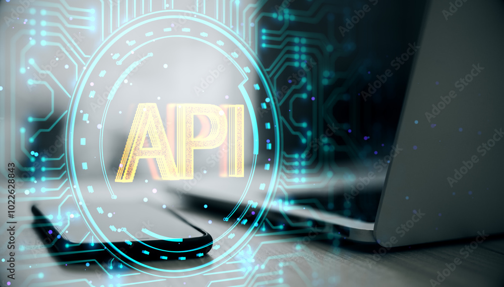 Poster Close up of laptop and phone on desk with creative API hologram on blurry background. Application Programming Interface concept. Interaction with digital icons, API , security. Double exposure.