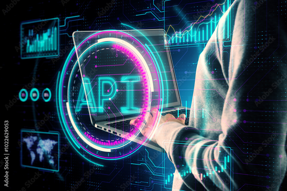 Poster Hacker using laptop keyboard with creative API hologram on blurry background. Application Programming Interface concept. Interaction with digital icons representing API development, security.