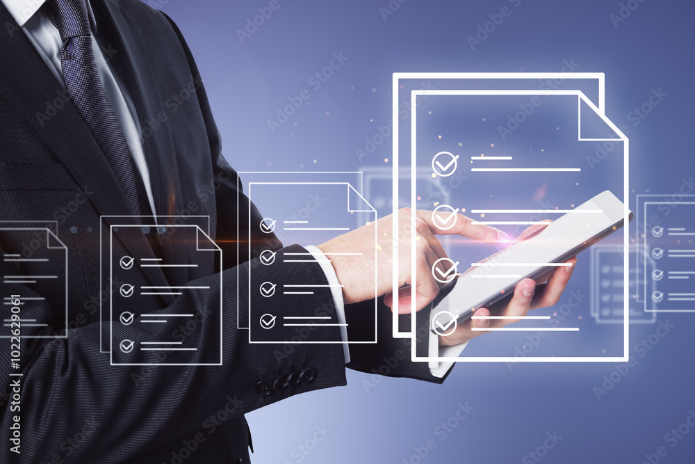 Aufkleber close up of businessman hand pointing at cellphone creative digital document on blue background. onl