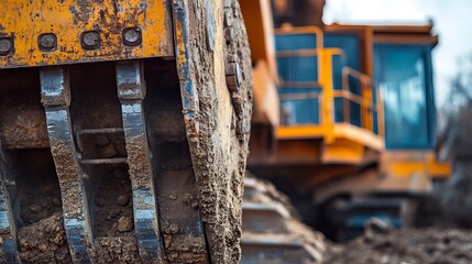 Obraz premium Close-Up of Heavy Machinery Excavator at Construction Site with Rusty Metal, Wooden Pallets, and Construction Debris in Urban Development Setting