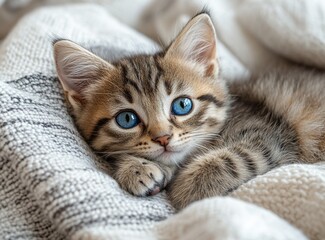 Fototapeta premium A cute tabby kitten with bright blue eyes, looking up from a soft white blanket.
