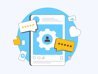 User-generated and influencer-generated content featuring visuals made by influencers for brands. Shows how authentic content helps promote brands and build trust with audiences. Vector illustration