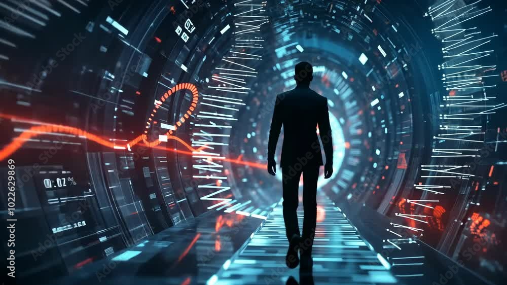 Aufkleber a man walks through a digital tunnel, surrounded by glowing lines and data streams