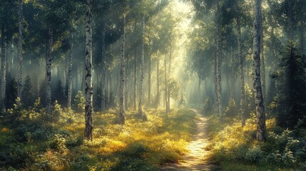 Serene forest path illuminated by soft sunlight and mist.