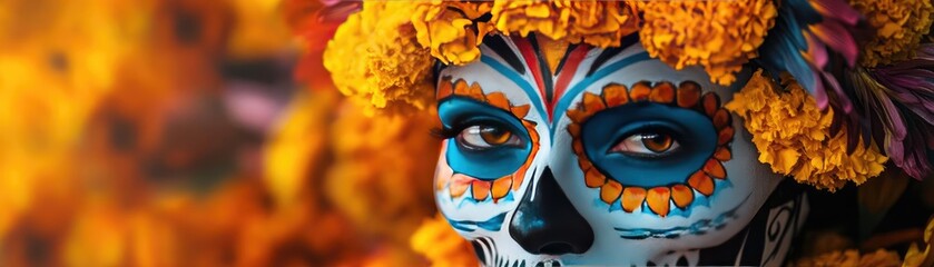 A vibrant celebration of life and death, showcasing a colorful skull face adorned with floral decorations at a cultural festival.